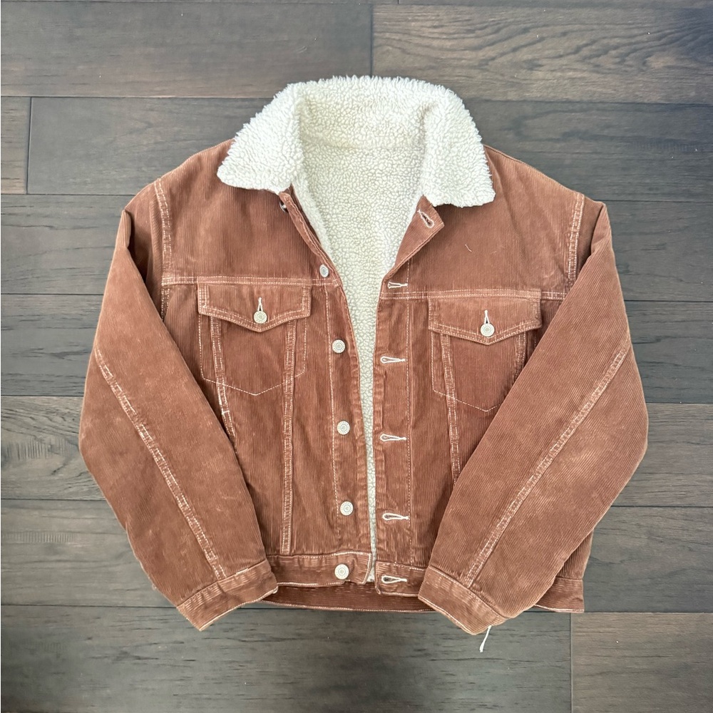 Brandy Melville Brown Corduroy Jacket with Cream Sherpa Lining